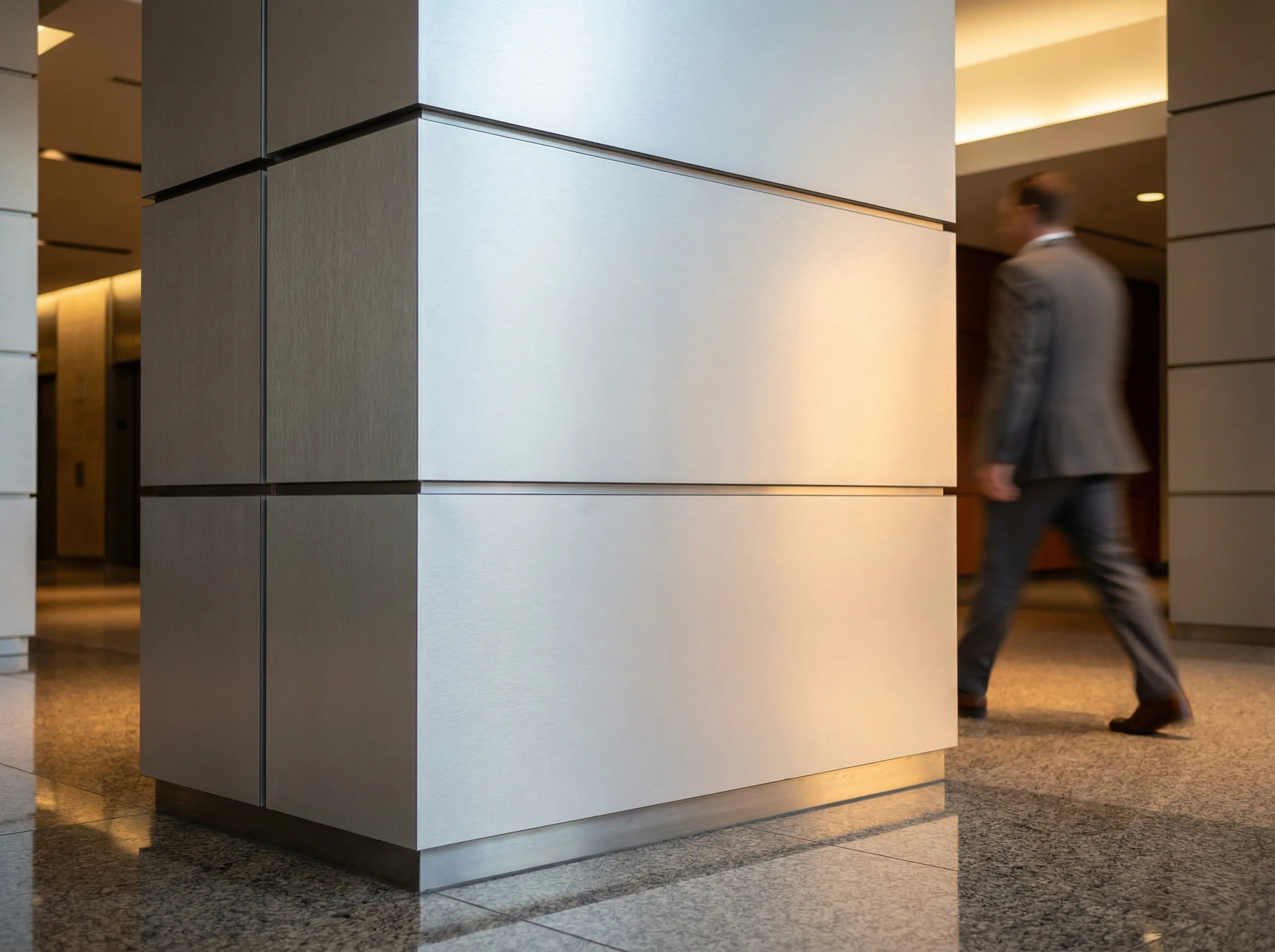 Verkleidung aus Aluminium-Verbundplatten an einer Säule im Bürokorridor