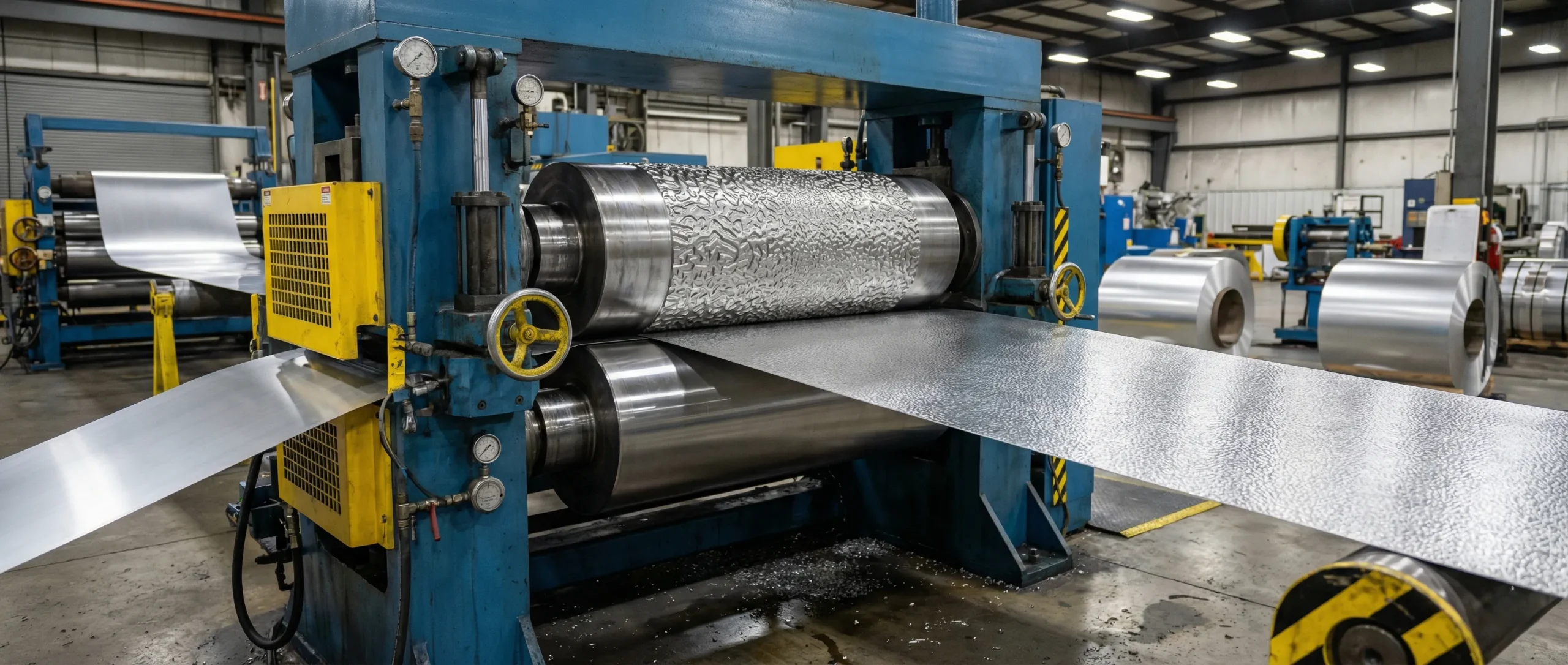 Aluminium-Walzwerk mit blau-gelber Maschine