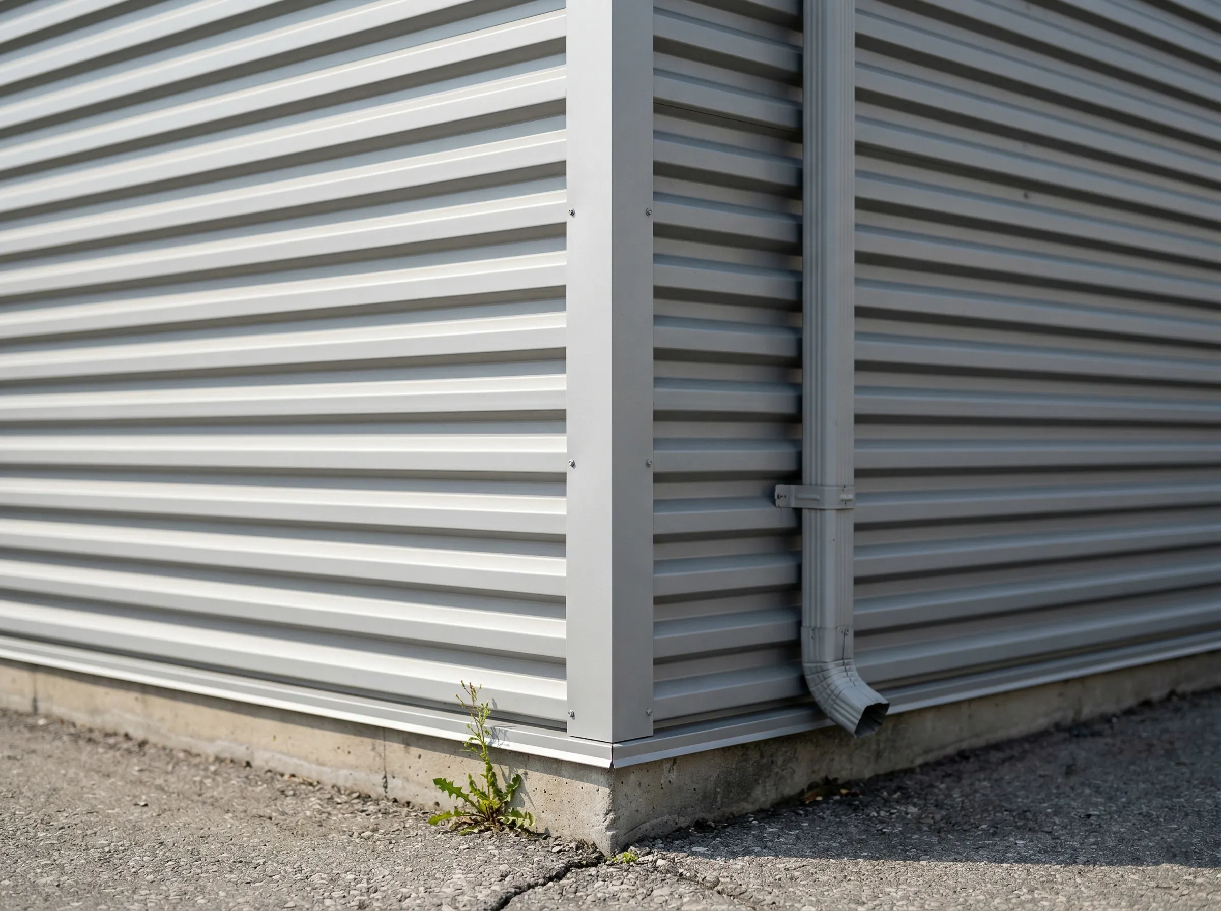 Wellprofil-Wandverkleidung aus Aluminium mit Eck-Fallrohr