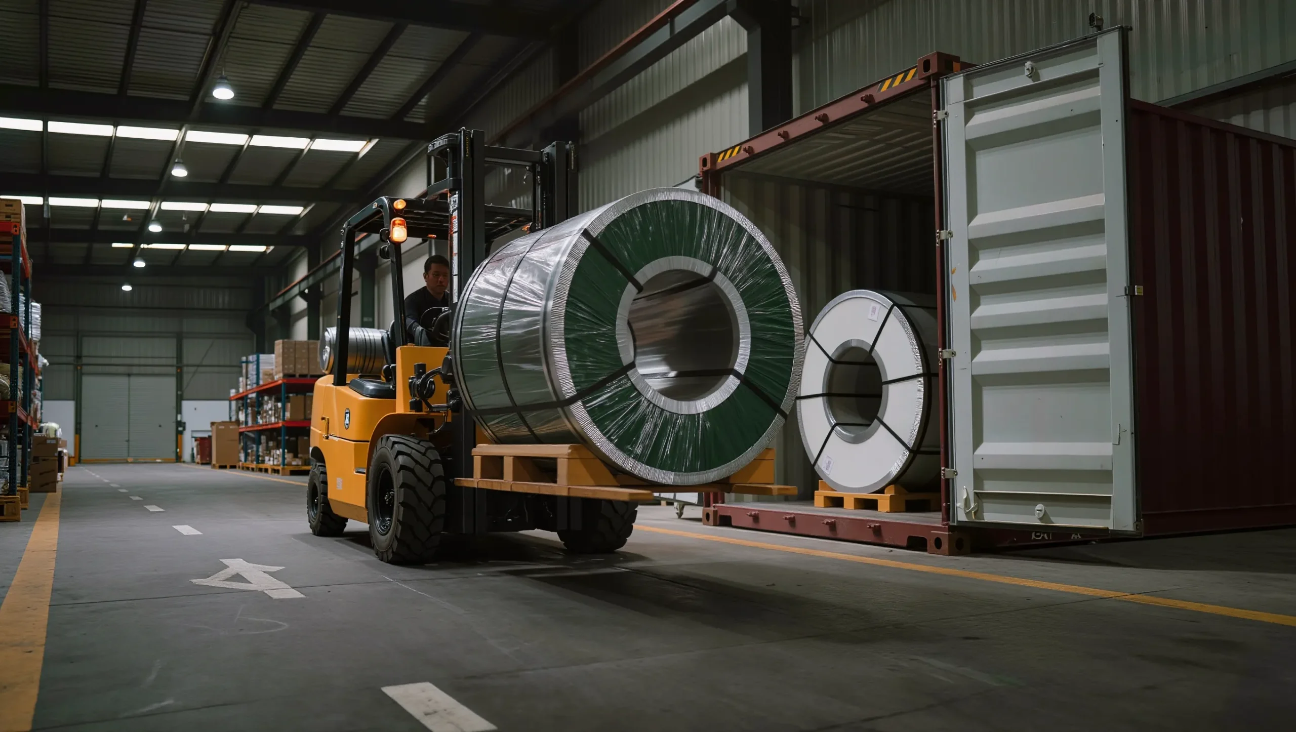 Gabelstapler verlädt ein Aluminiumband in einen Seecontainer für den Export