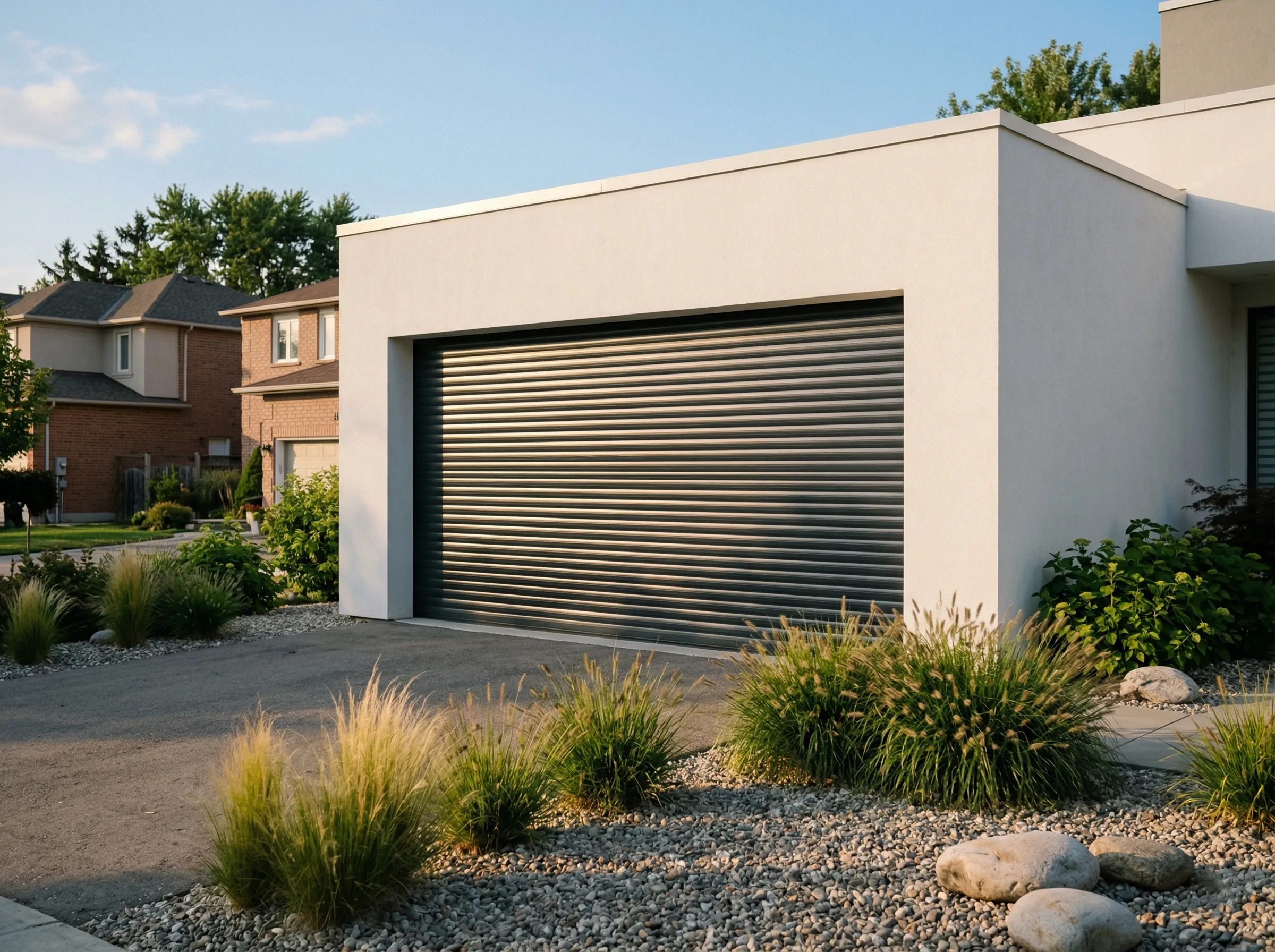 Dunkler Aluminium-Rollladen an einer modernen Garage