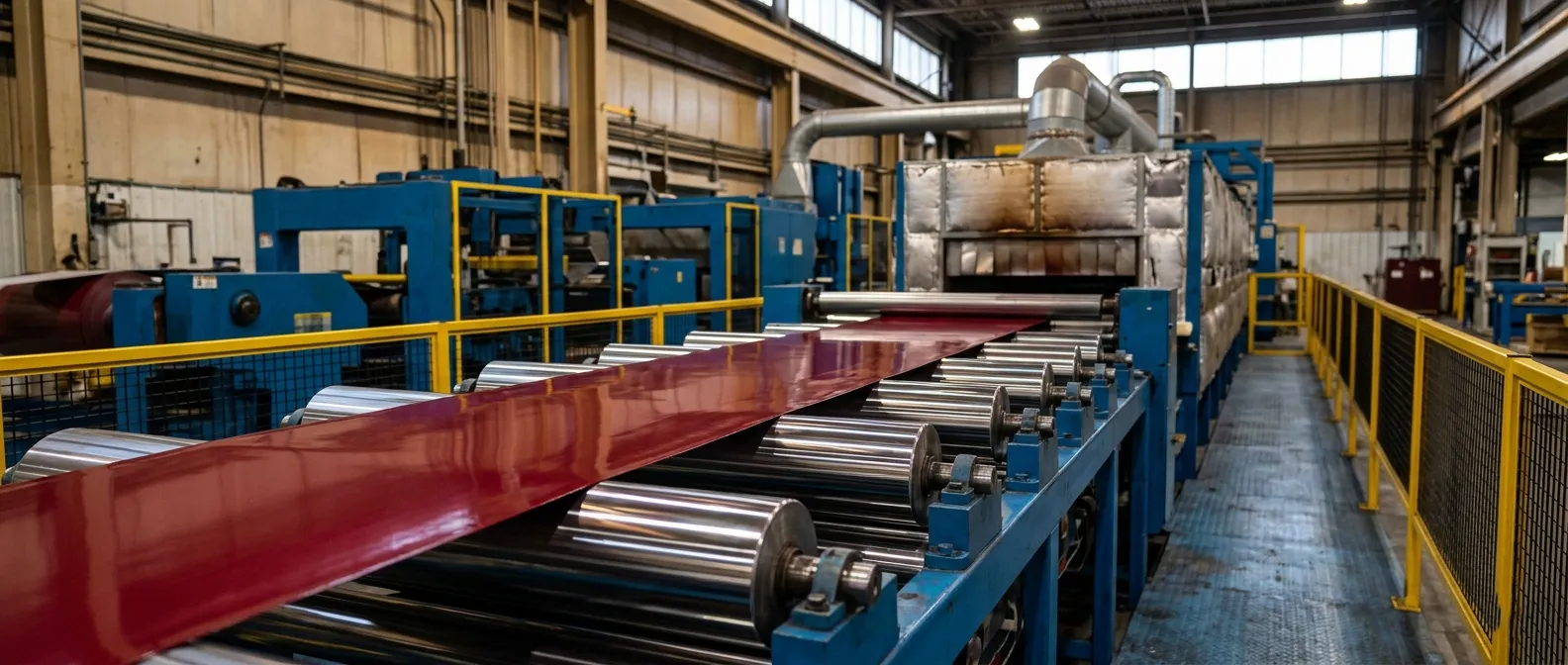 Rot lackiertes Aluminiumblech in der Bandbeschichtungslinie