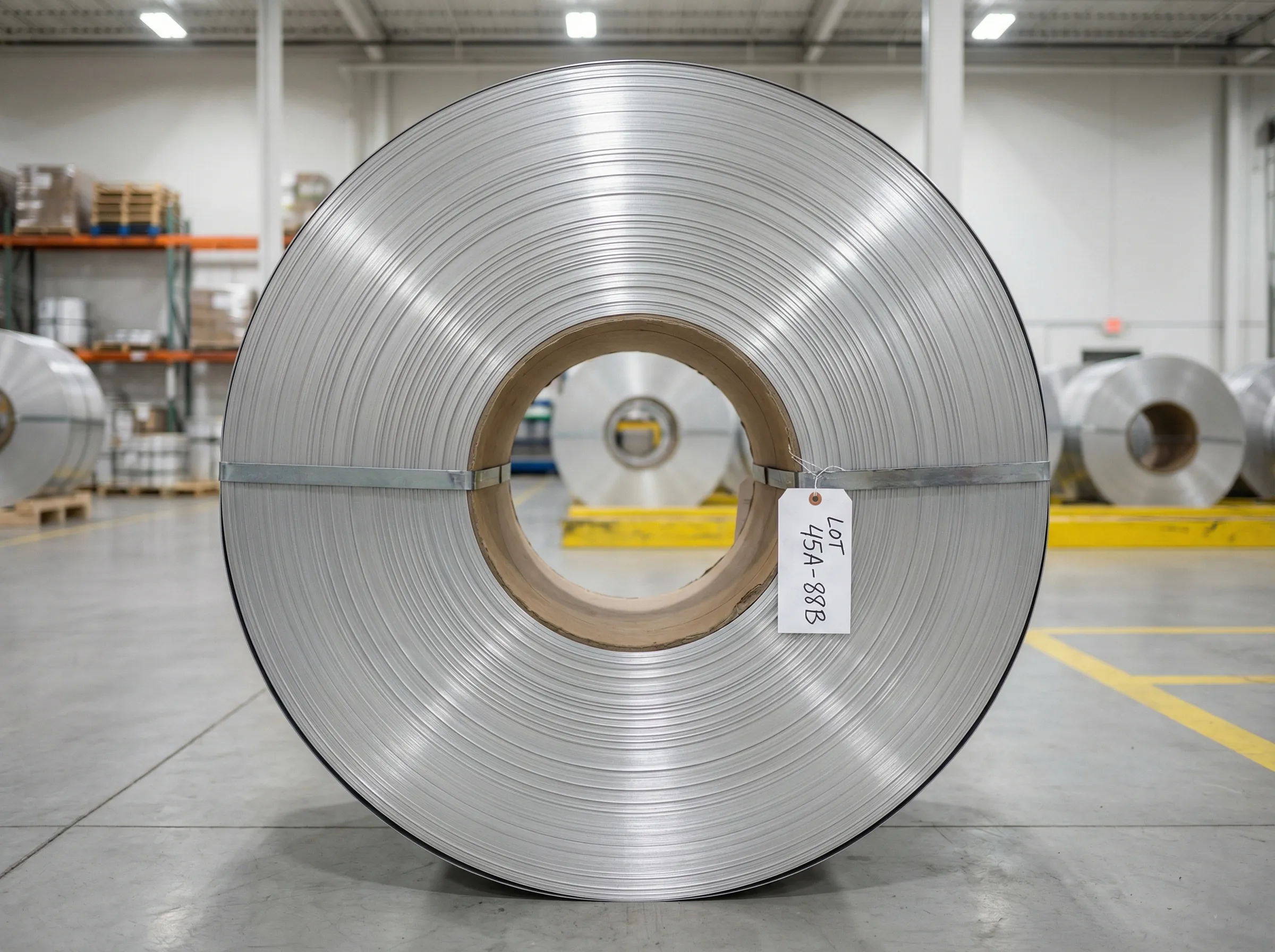 Walzblankes Aluminiumband mit Chargenetikett, Vorderansicht