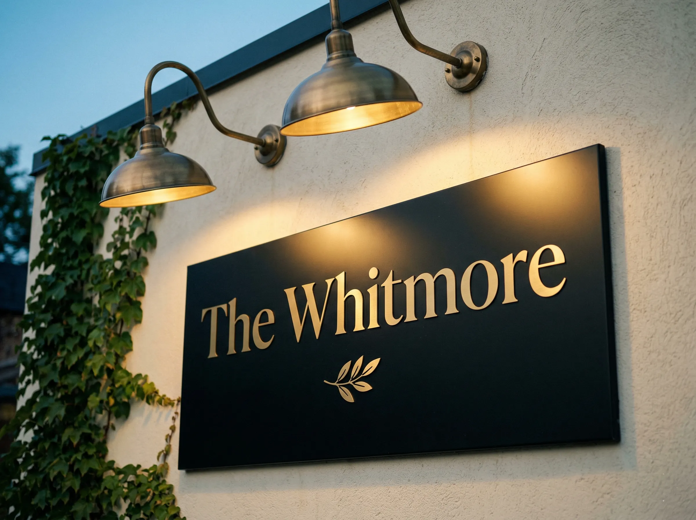 Außenschild The Whitmore, dunkle Aluminiumtafel mit goldener Beschriftung