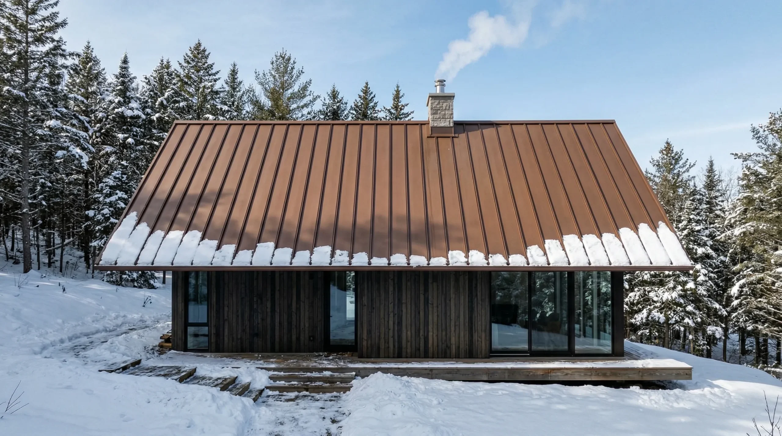 Stehfalzdach in Kupferoptik auf einer Winterhütte im verschneiten Wald